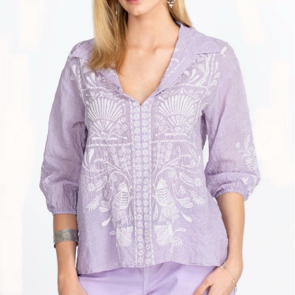 Johnny Was Workshop Orla Wander Purple/White Embroidered BLOUSE Bohemian Sz M